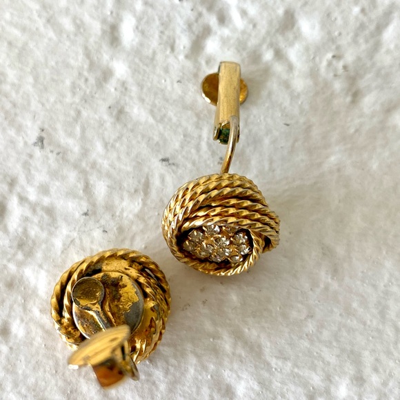 Gold Clip on Earrings Vintage Gold Rope Swirl Rhinestone Clip on Earrings 1950s - Picture 5 of 5